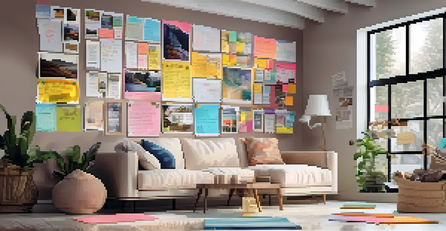 A vision board on a wall filled with pictures and quotes, with a cozy armchair in front, creating an inviting atmosphere.