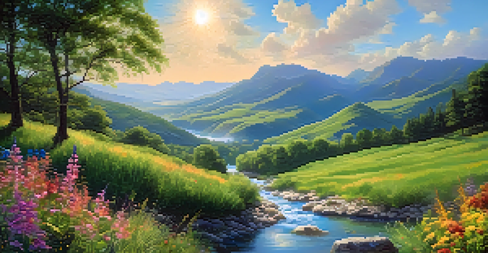 A beautiful river flowing through a green valley with colorful wildflowers and a blue sky.