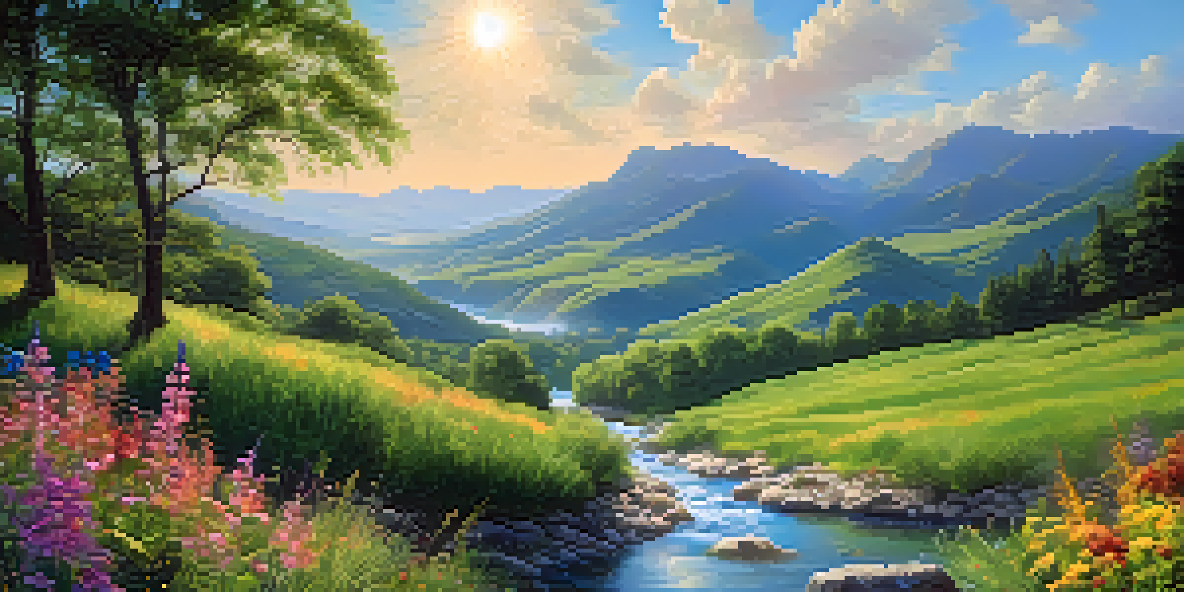 A beautiful river flowing through a green valley with colorful wildflowers and a blue sky.