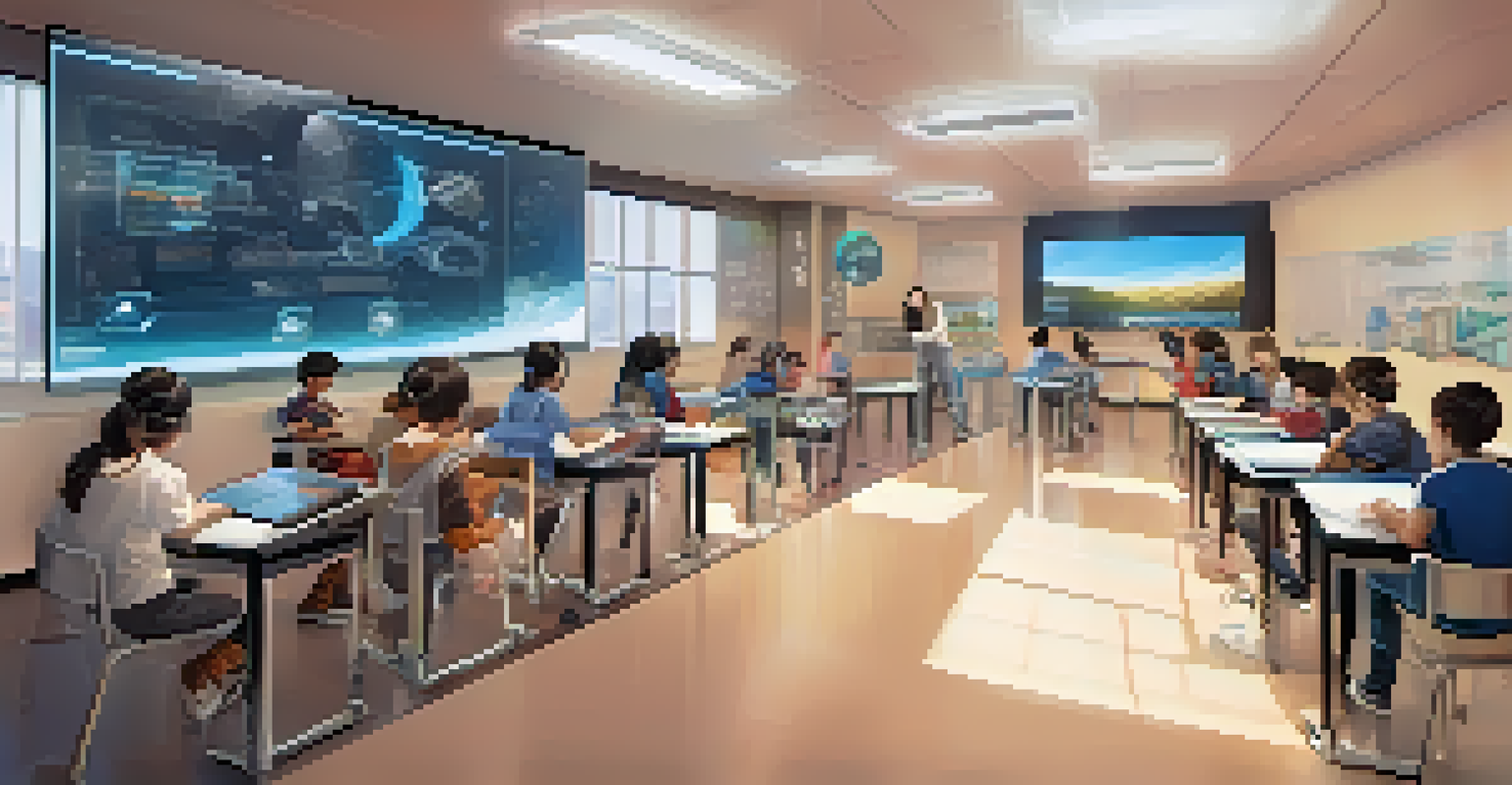 A high-tech classroom featuring students using virtual reality headsets and interactive screens for immersive learning.