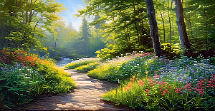 A peaceful forest path with sunlight filtering through leaves and colorful wildflowers in the foreground.
