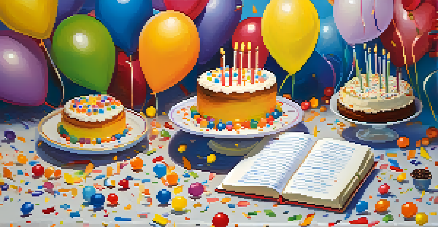 A person celebrating milestones in a journal amidst colorful balloons and confetti, with a cake nearby, representing joy and achievements.