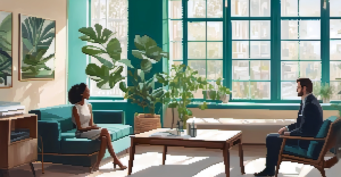 A life coach and client in a bright office discussing goals, surrounded by plants and natural light.