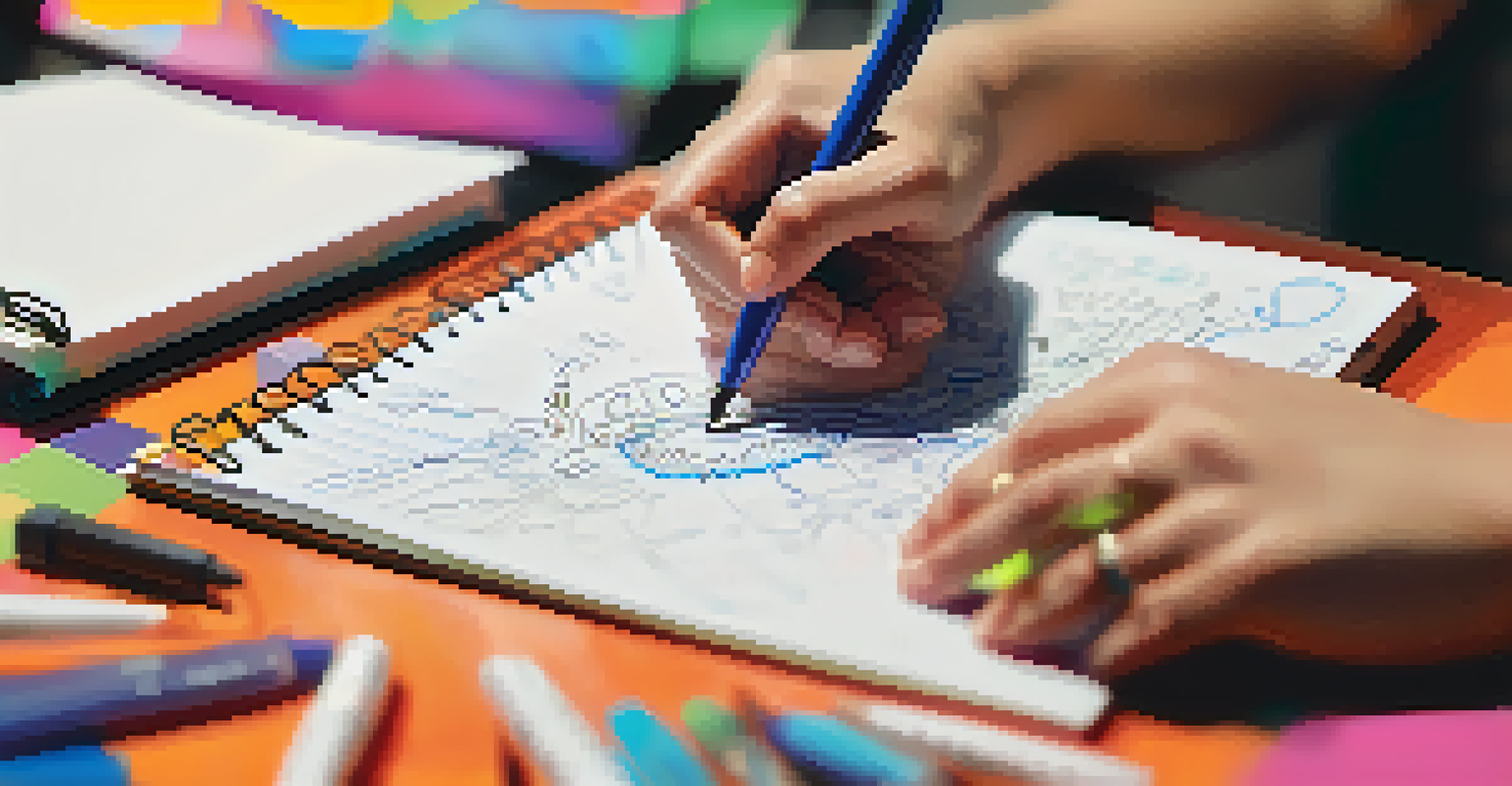 A close-up of a hand writing colorful ideas on a notepad, with a blurred background of a team collaborating.