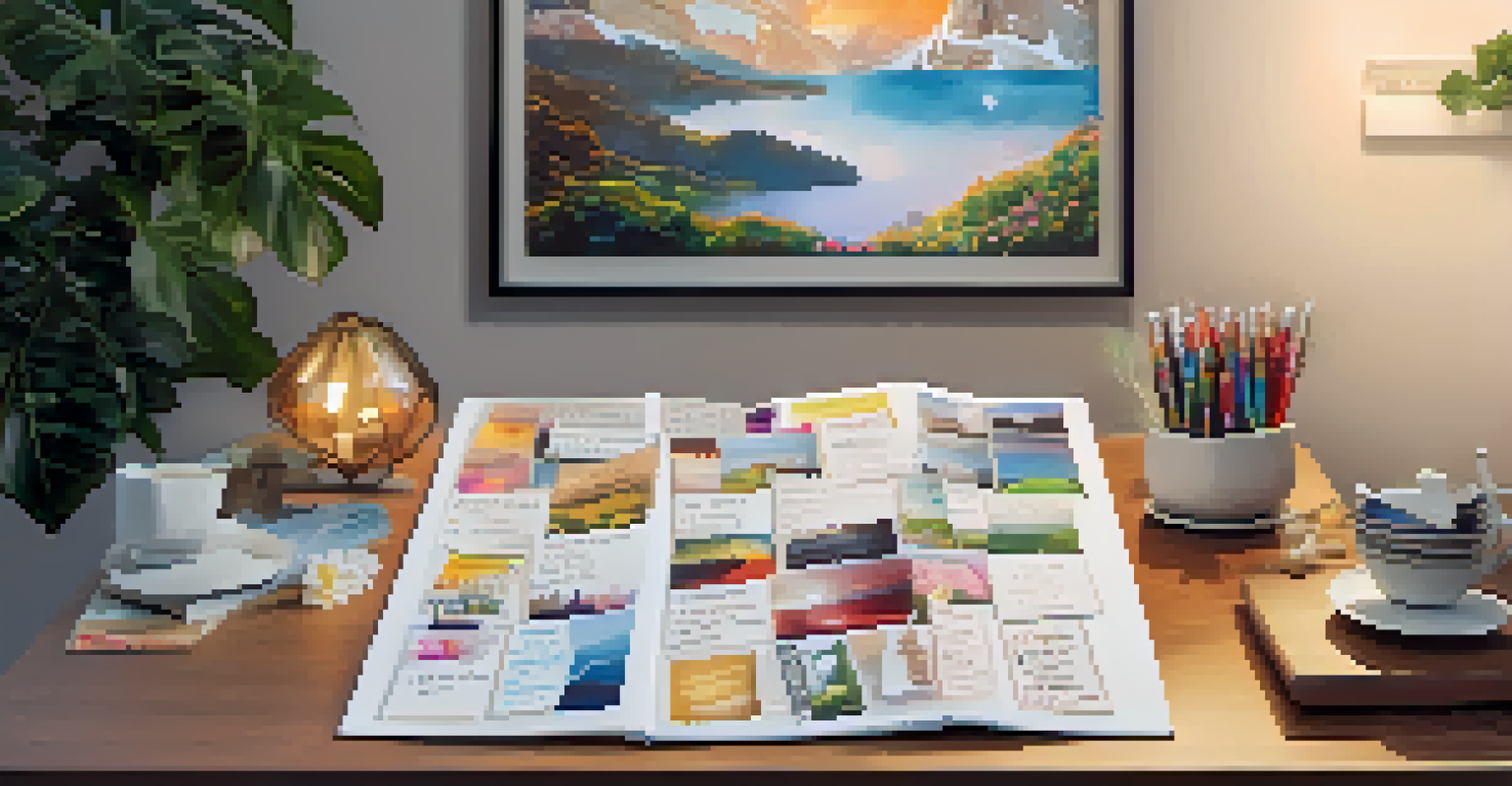 A vision board with colorful images and quotes on a corkboard, alongside a cup of tea and a plant, in a warmly lit room.