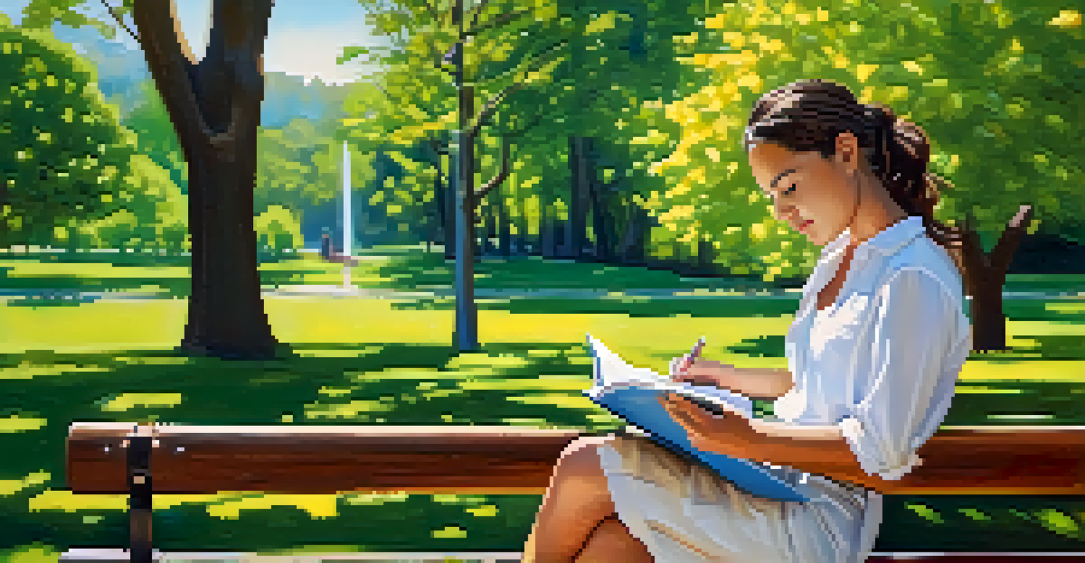 A person journaling on a park bench surrounded by blooming trees and flowers, reflecting on their goals.