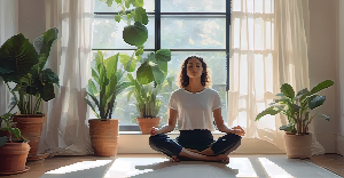 A person practicing diaphragmatic breathing in a calm indoor environment, surrounded by plants and soft light.
