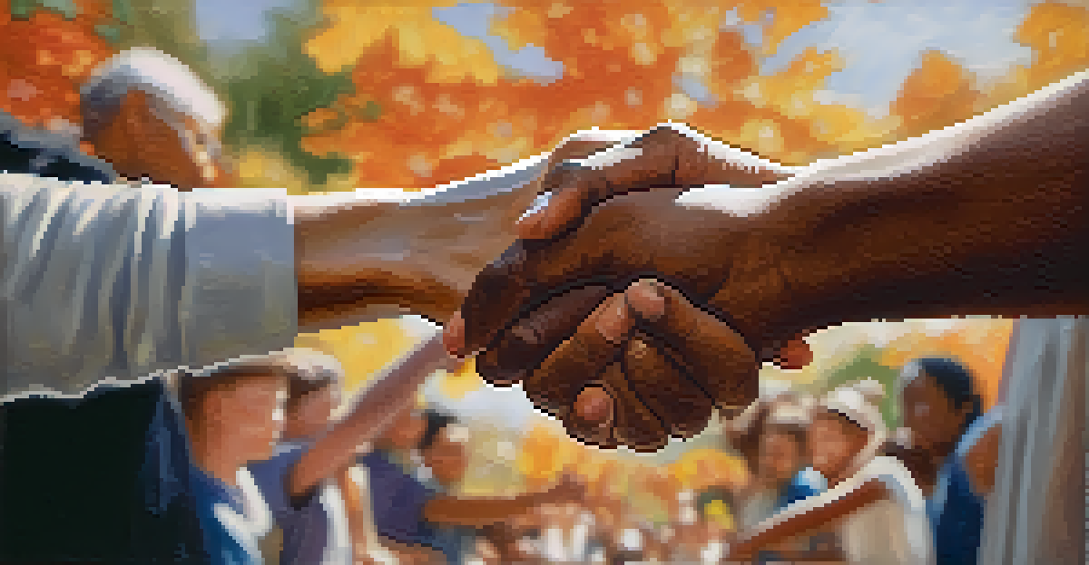 Close-up of diverse hands reaching out to each other, symbolizing unity and compassion against a blurred background of a community gathering.