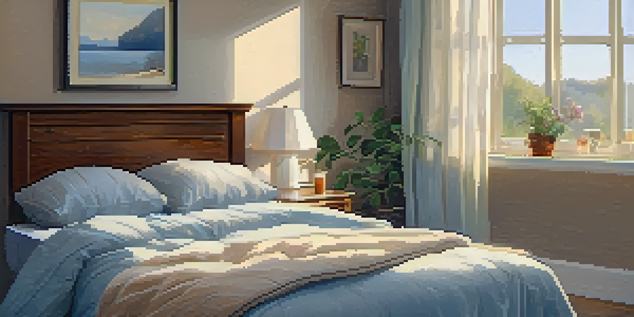 A cozy bedroom with soft morning light, a neatly made bed, a nightstand with a cup of coffee and an open journal, in warm pastel colors.