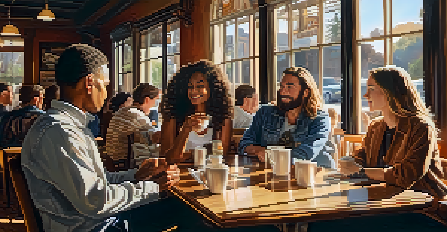 A cozy coffee shop with friends having a conversation at a wooden table, illuminated by sunlight through large windows.