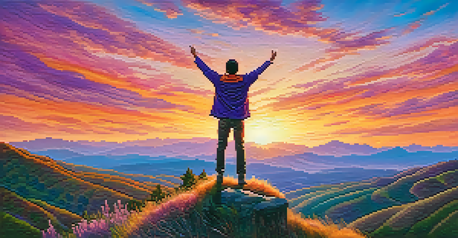 A person on a hilltop at sunset, arms raised in victory against a colorful sky, representing passion and motivation.