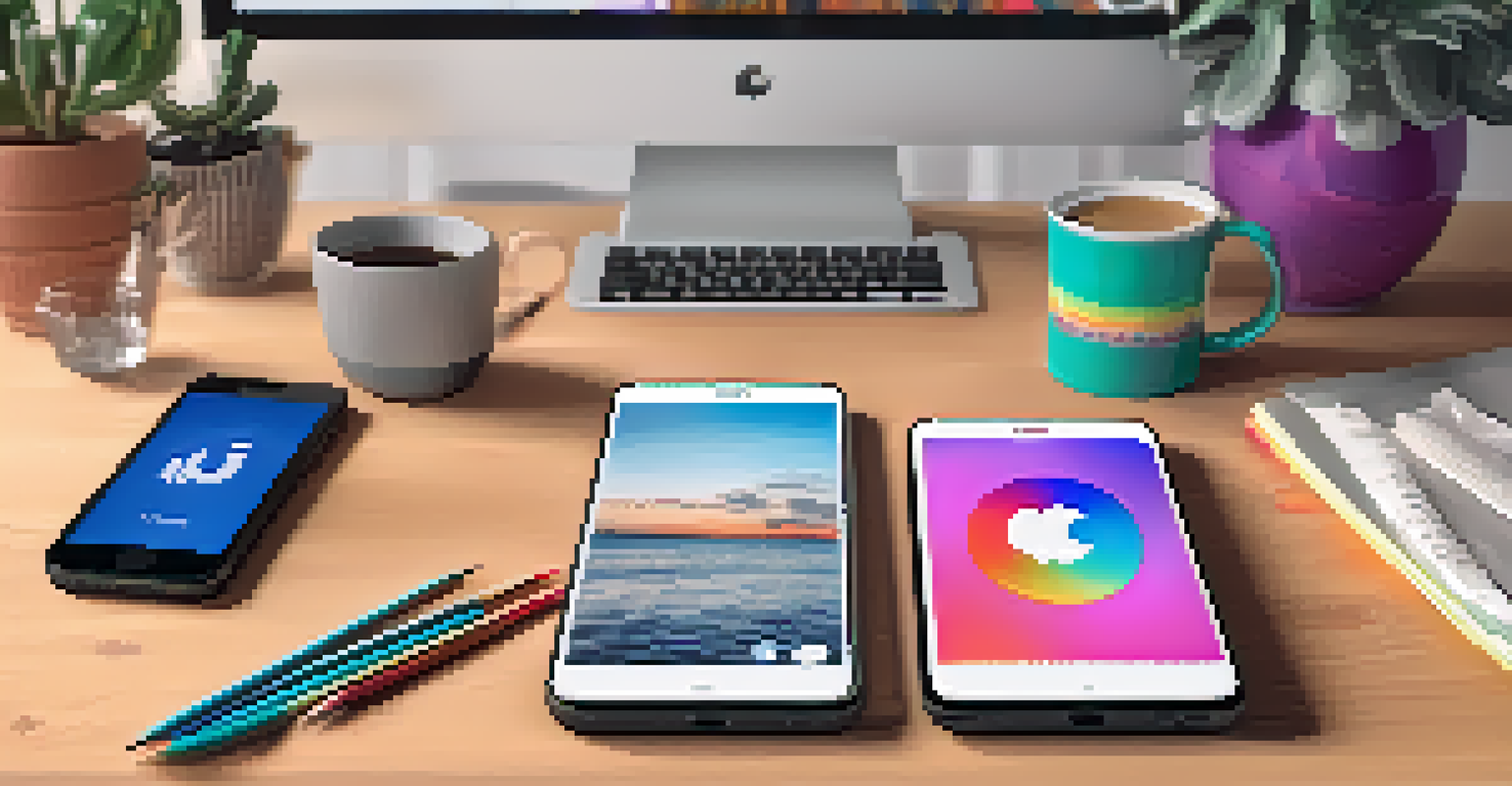 A creative social media setup with a smartphone showing colorful posts, surrounded by art supplies and a motivational corkboard.