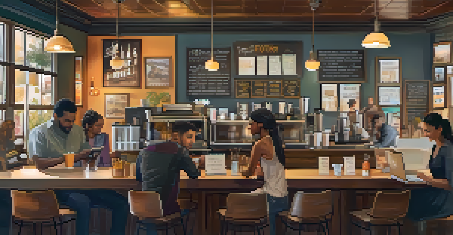 A warm coffee shop filled with people engaging in conversation, with notebooks and inspirational quotes on the walls.