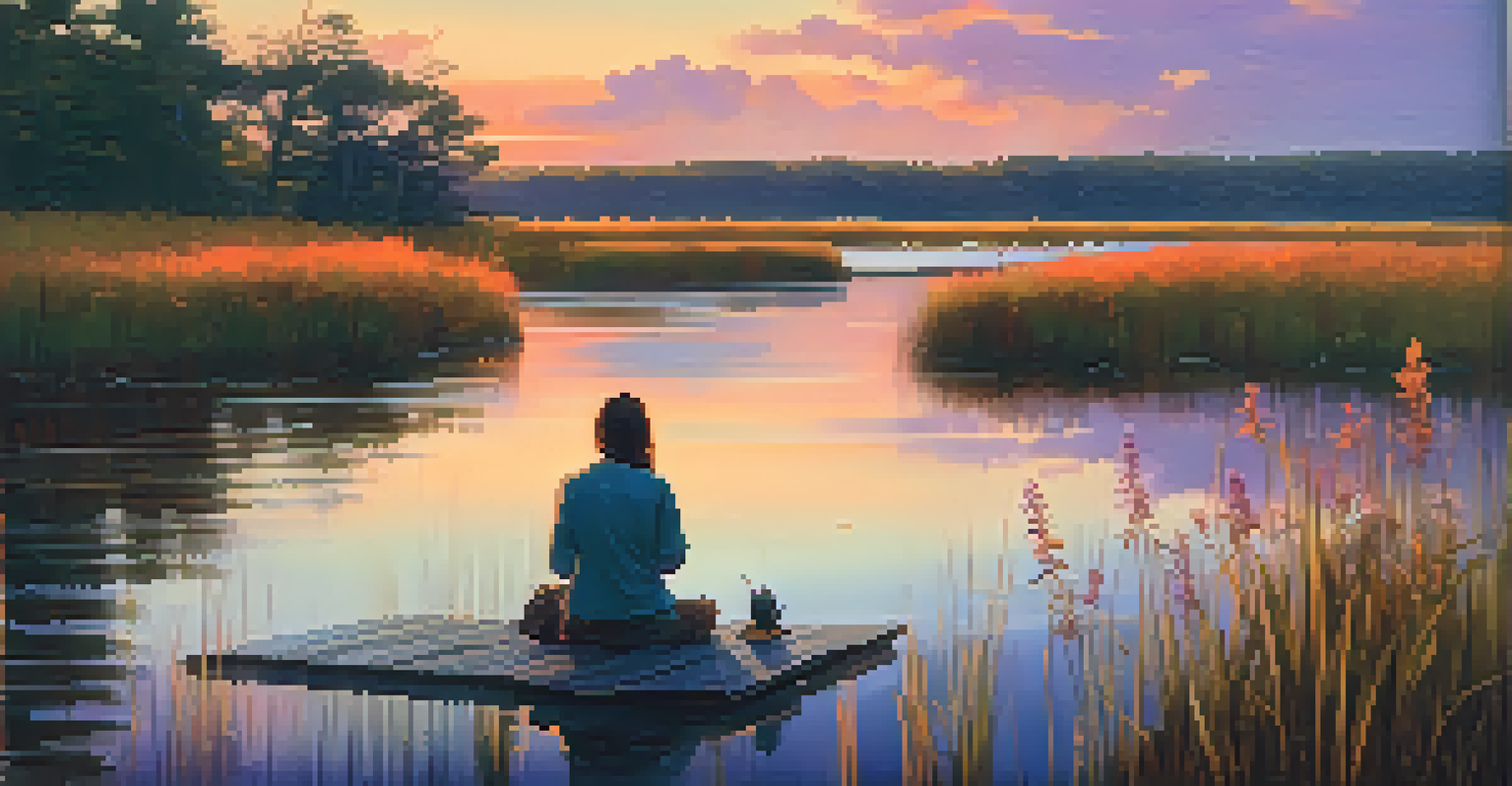 A person journaling on a wooden dock by a tranquil lake at sunset, surrounded by grasses and wildflowers.