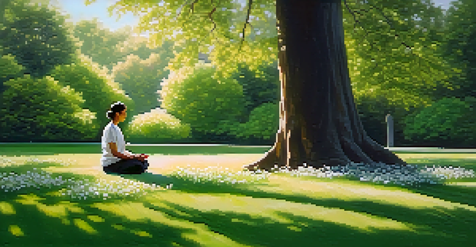 A person practicing mindfulness in a park, sitting on green grass surrounded by flowers and trees, with sunlight filtering through the leaves.