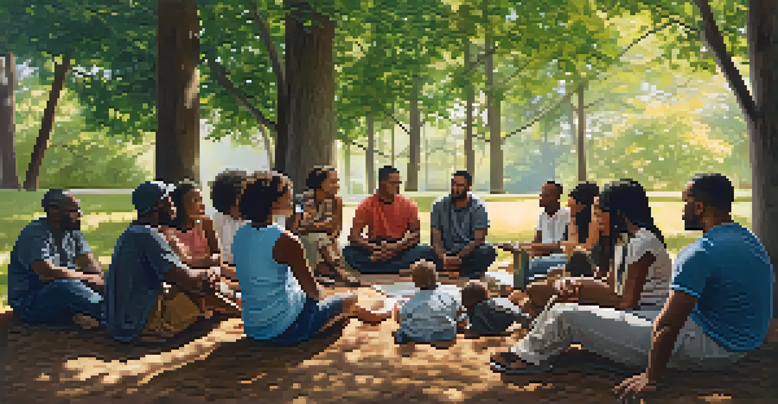 A diverse group of people sitting together outdoors, sharing stories of failure and success in a supportive environment.