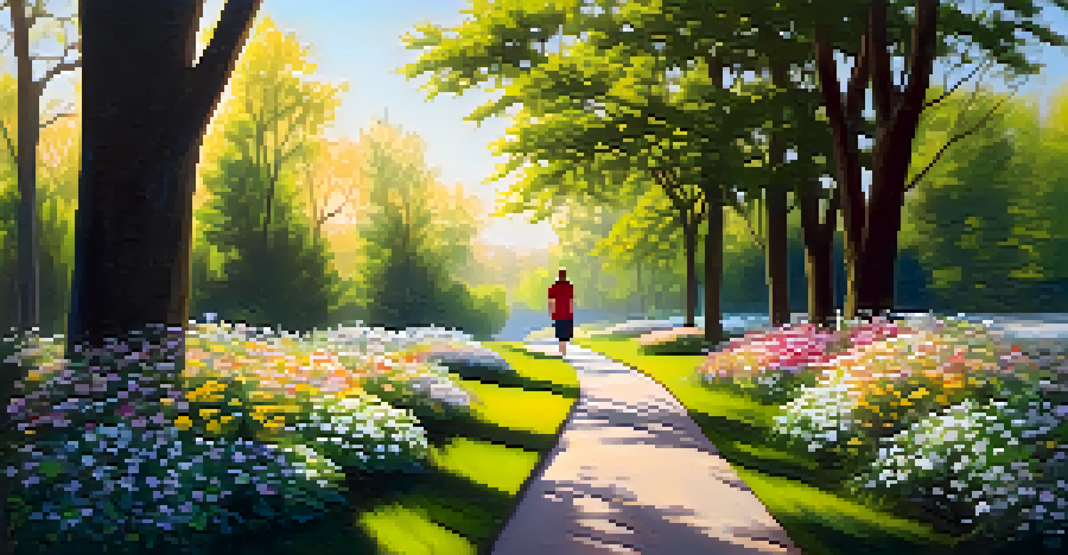 An image of a person walking meditatively on a path in a park, surrounded by flowers and trees, with sunlight creating a warm ambiance.