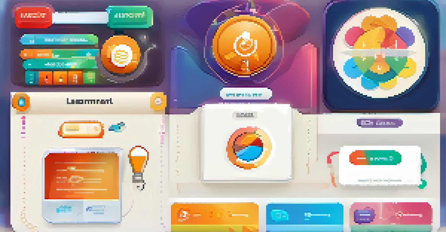 A colorful digital interface of a gamified online learning platform displaying badges, points, and progress bars.