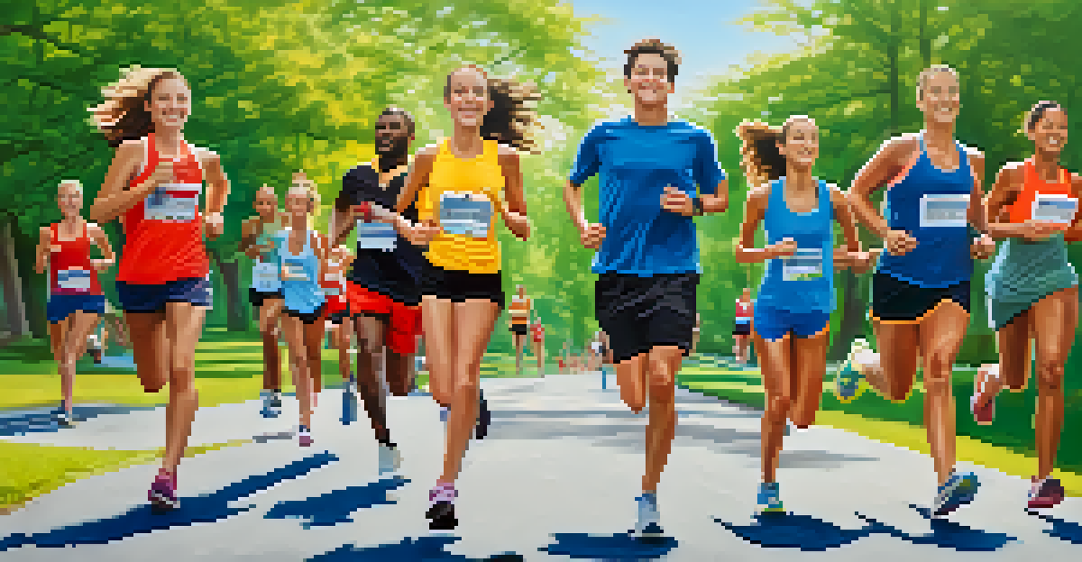 A group of people running together in a park, wearing bright athletic gear, surrounded by lush greenery and a clear blue sky.