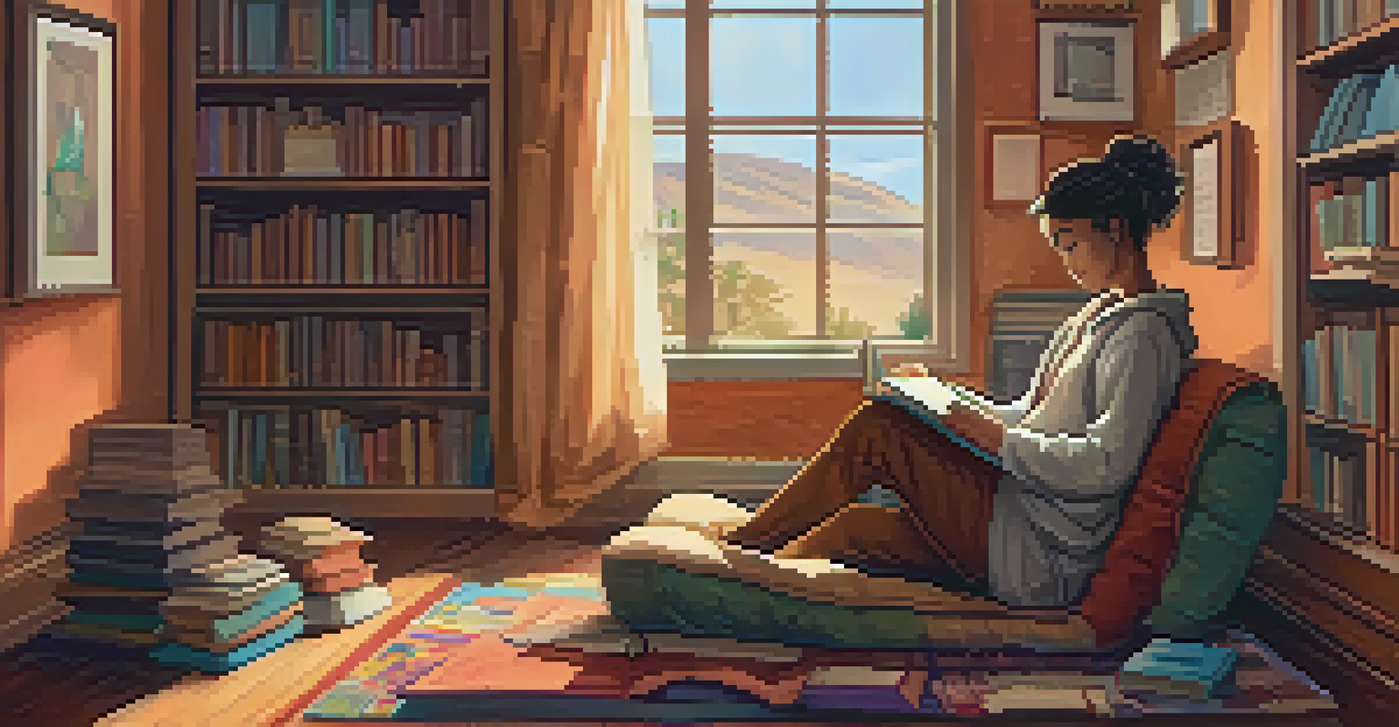 A person writing in a journal in a cozy corner with warm-toned walls and a bookshelf.