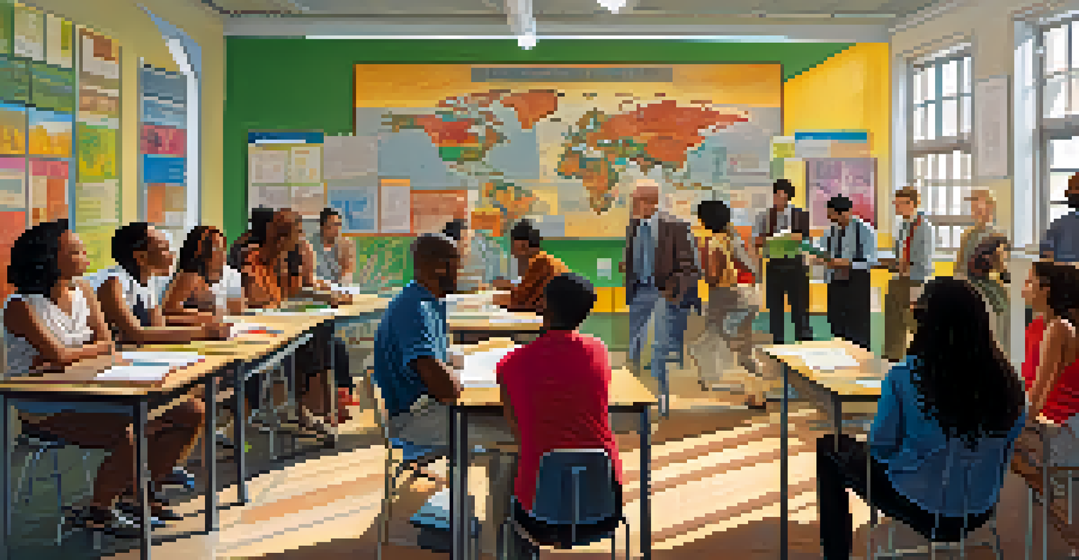 A diverse group of individuals in a bright classroom discussing and collaborating on ideas.