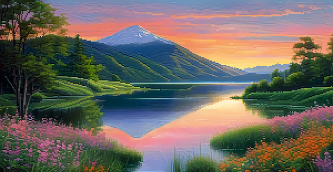A peaceful lake at sunset, surrounded by green hills and colorful wildflowers in the foreground.