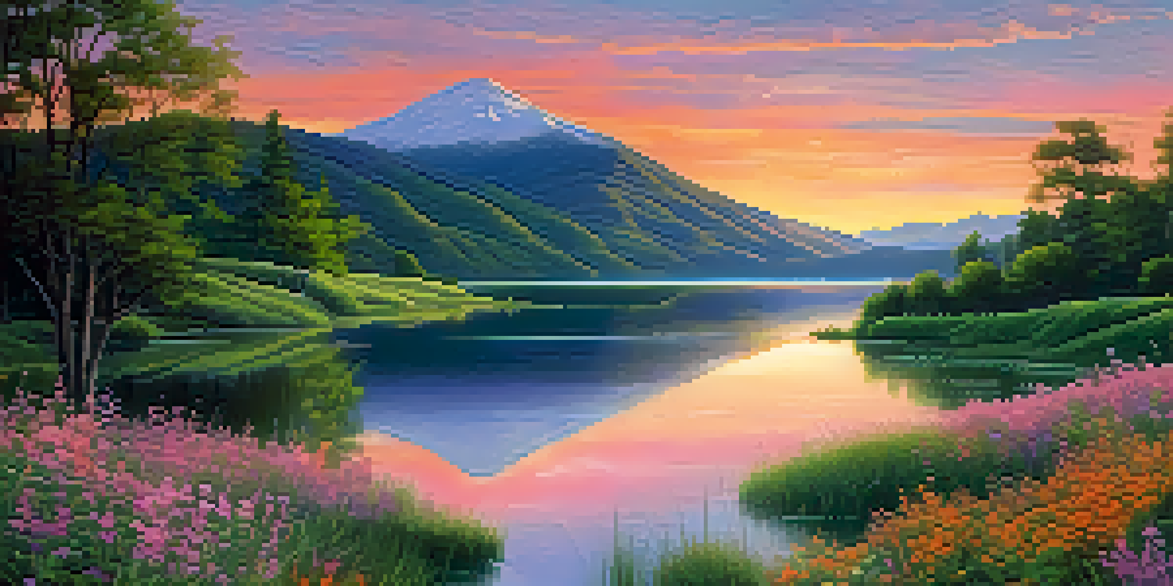 A peaceful lake at sunset, surrounded by green hills and colorful wildflowers in the foreground.