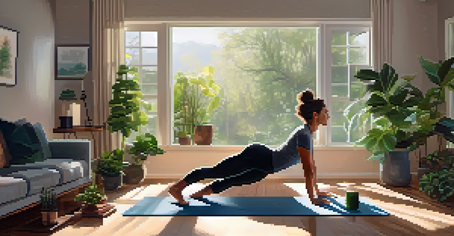 A person working out at home on a yoga mat with dumbbells, surrounded by natural light and houseplants in a cozy room.