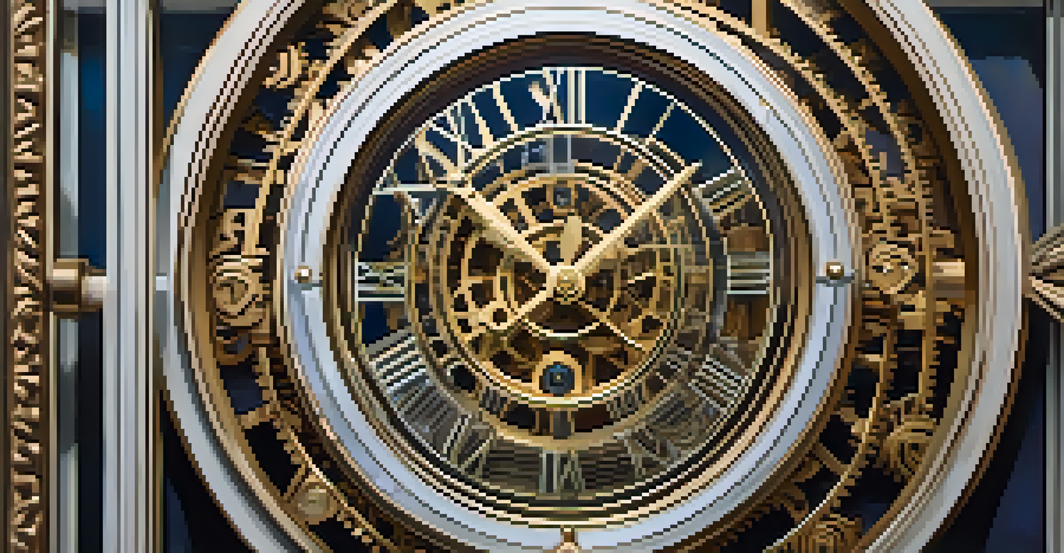 A vintage clock with brass gears and Roman numerals, illuminated by soft warm light.