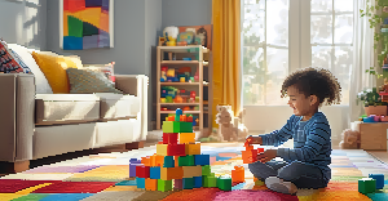 A happy child playing with colorful building blocks on a rug in a bright living room, with sunlight streaming in through a window.