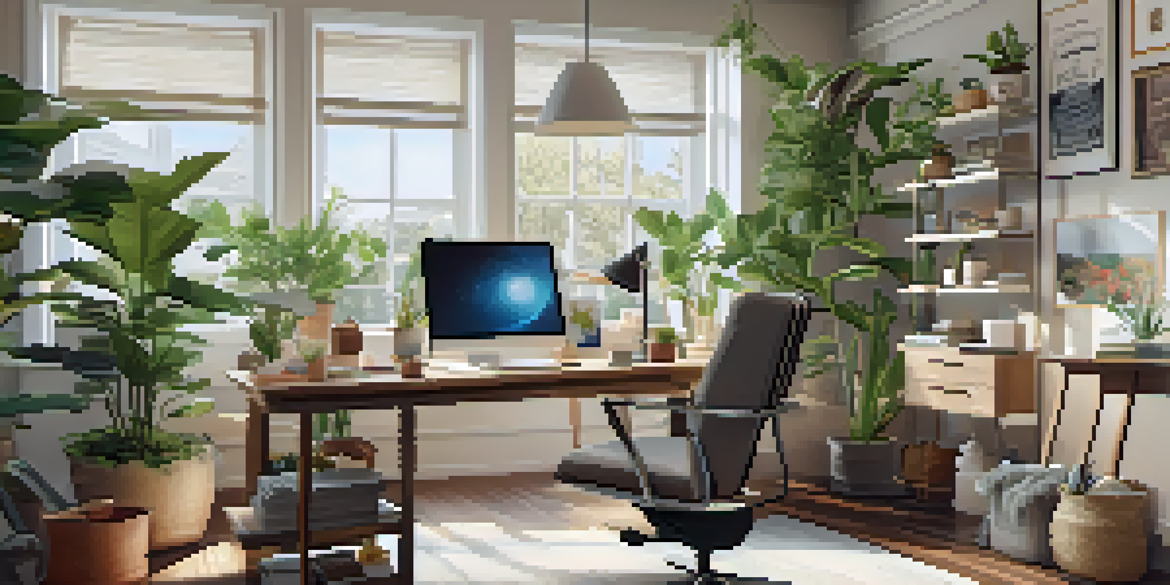 A bright and organized home office with plants, a cozy chair, and cheerful artwork.