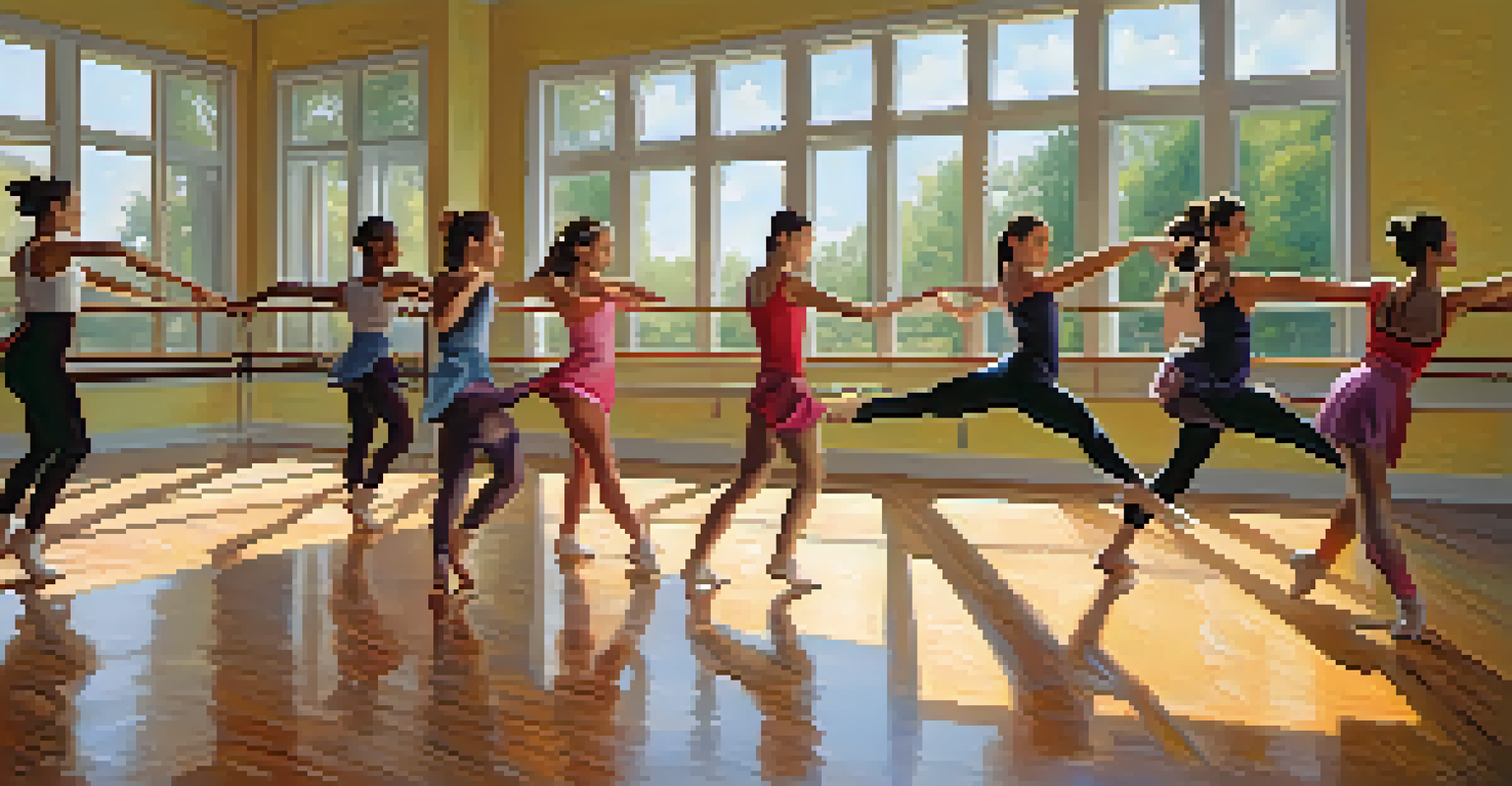 A group of dancers practicing in a bright dance studio, showcasing various expressive movements in front of a mirror.