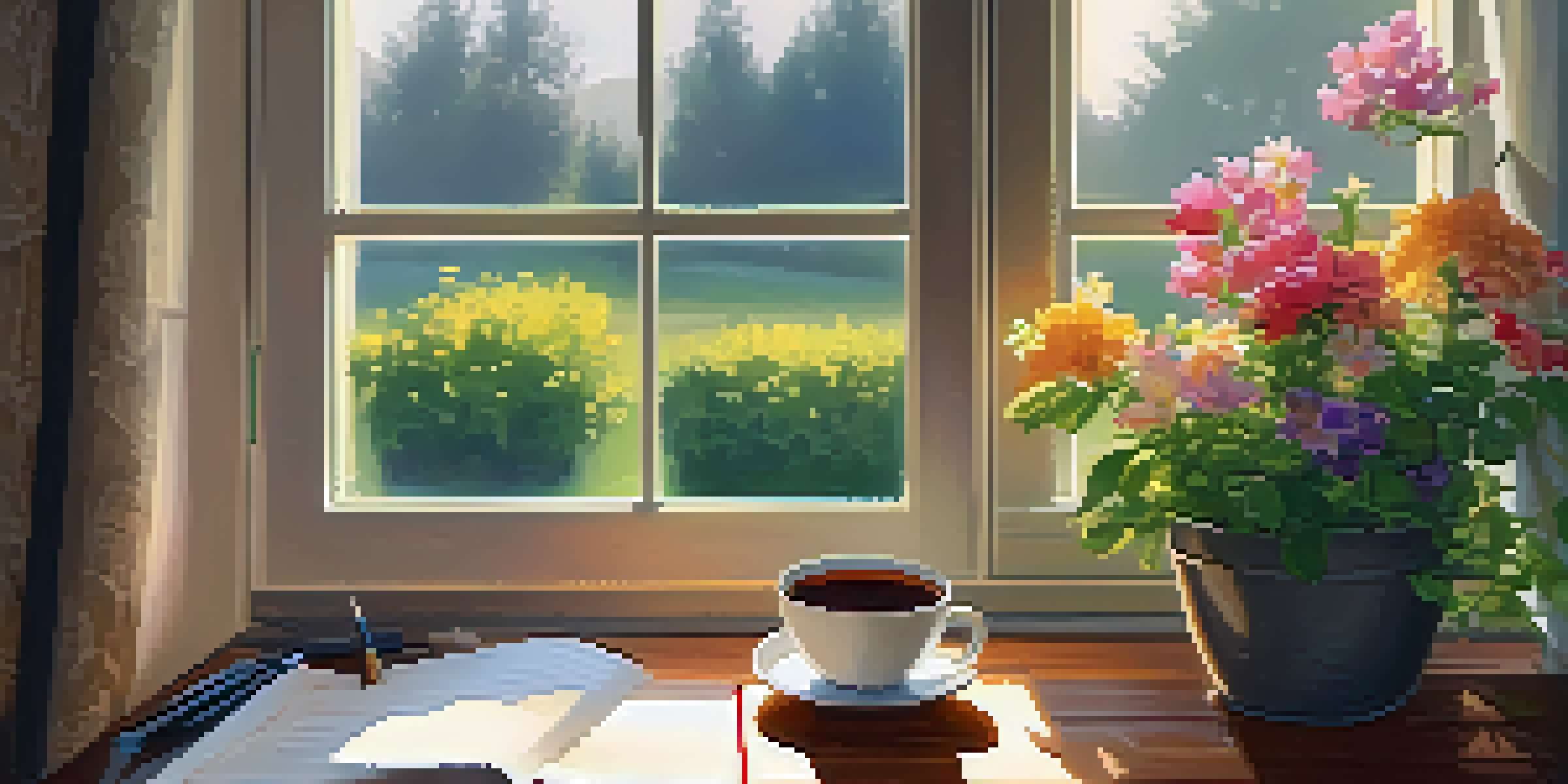 A peaceful writing nook by a window, featuring a journal, a cup of tea, and a view of a colorful garden outside.