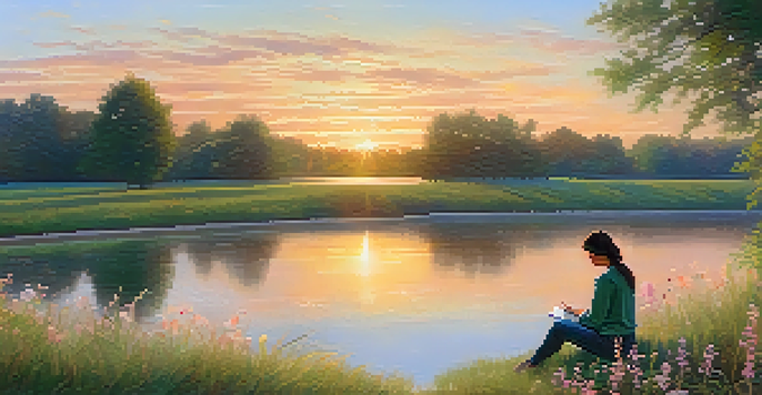 A person writing in a gratitude journal by a calm lake at sunrise, surrounded by flowers and greenery.