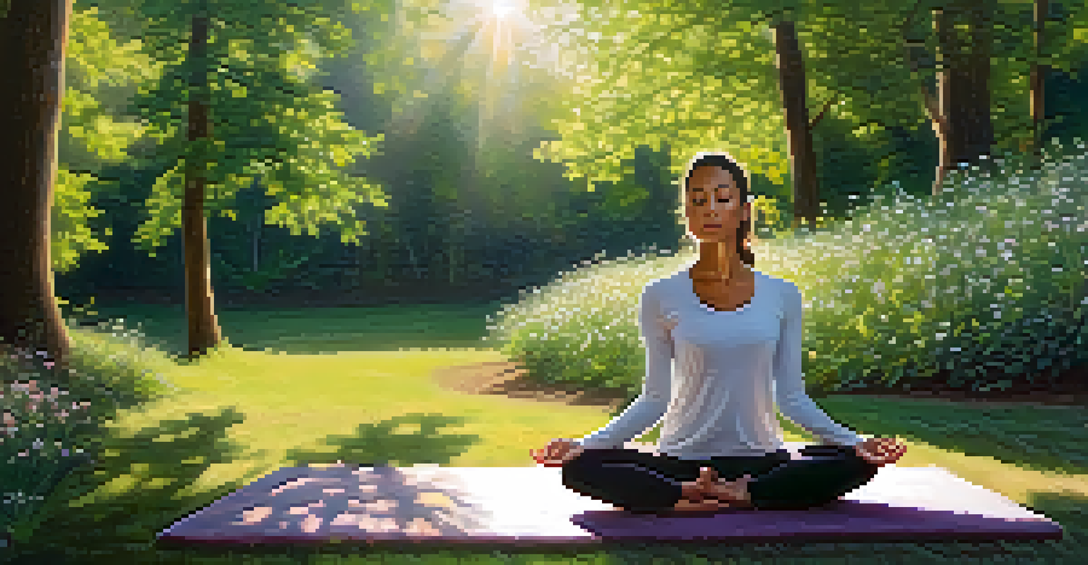A person meditating on a yoga mat in nature, surrounded by blooming flowers and dappled sunlight.