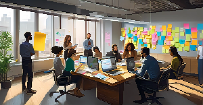 A diverse group of individuals engaged in a brainstorming session in a modern office, surrounded by sticky notes and natural light.