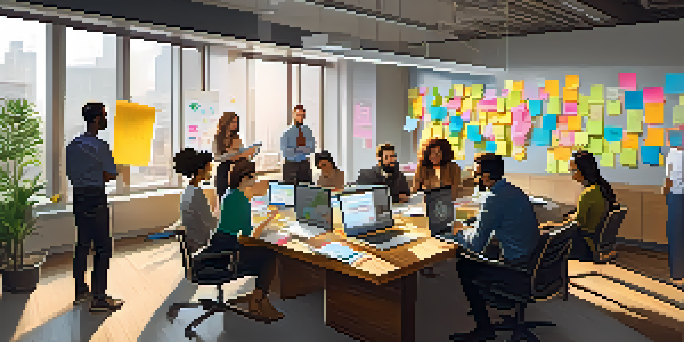 A diverse group of individuals engaged in a brainstorming session in a modern office, surrounded by sticky notes and natural light.