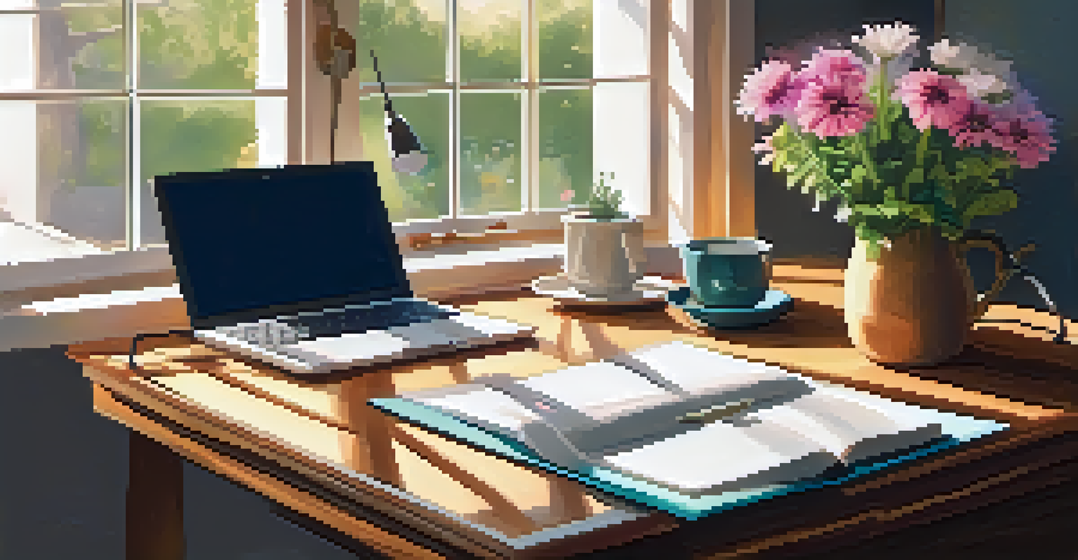 A warm workspace with an open gratitude journal, a cup of tea, and fresh flowers on a wooden desk.