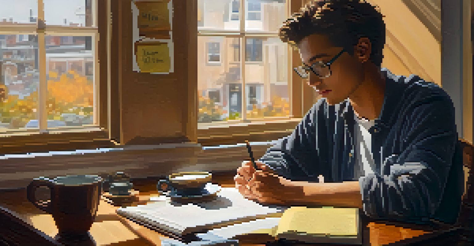 An individual writing in a journal at a desk, surrounded by motivational quotes, reflecting on emotional intelligence.