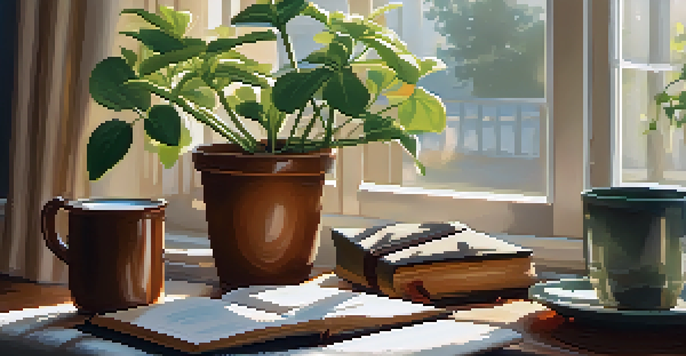 A cozy desk by a window bathed in sunlight, with a journal, a cup of tea, and a potted plant, creating a peaceful workspace.