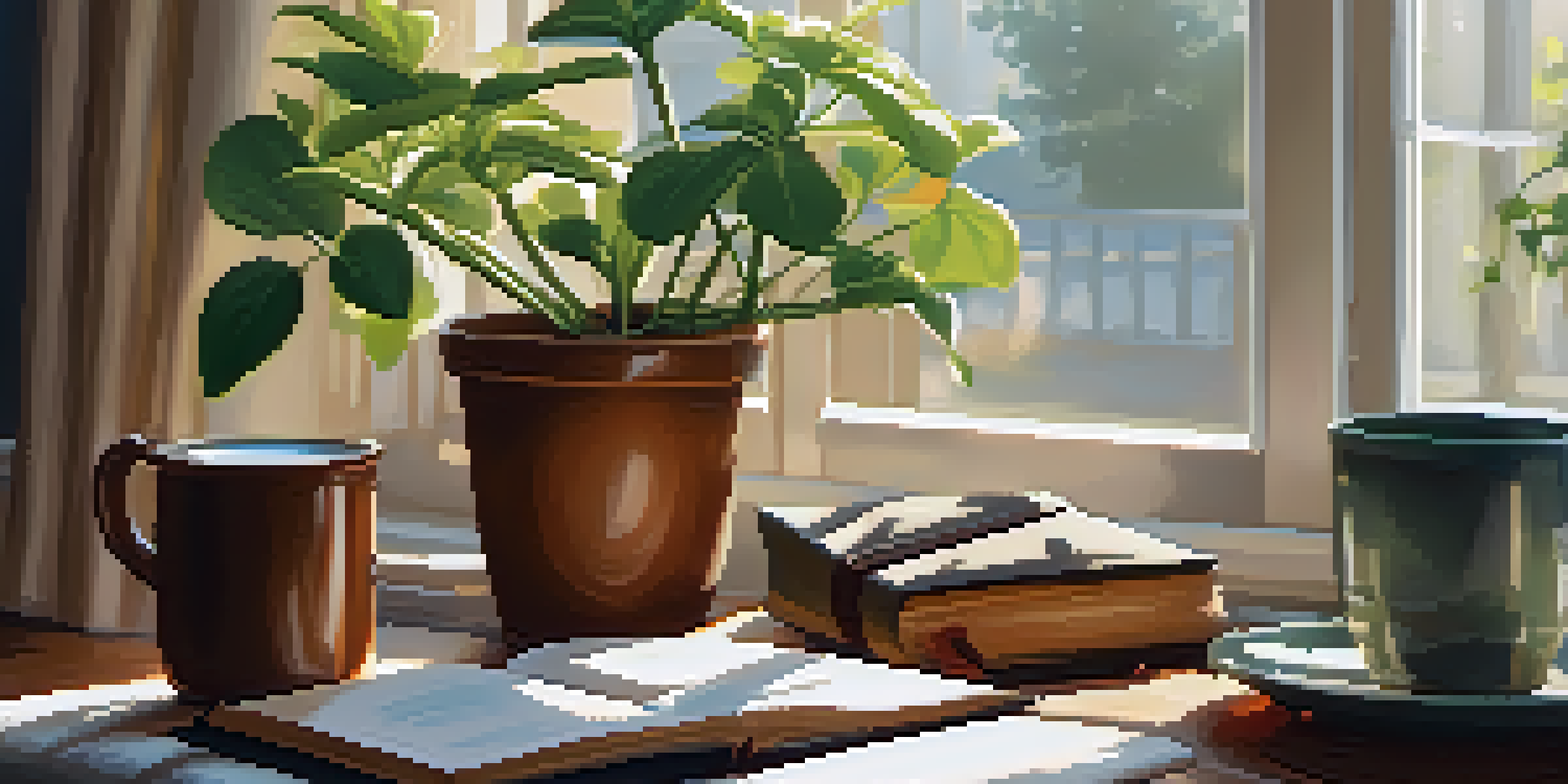 A cozy desk by a window bathed in sunlight, with a journal, a cup of tea, and a potted plant, creating a peaceful workspace.