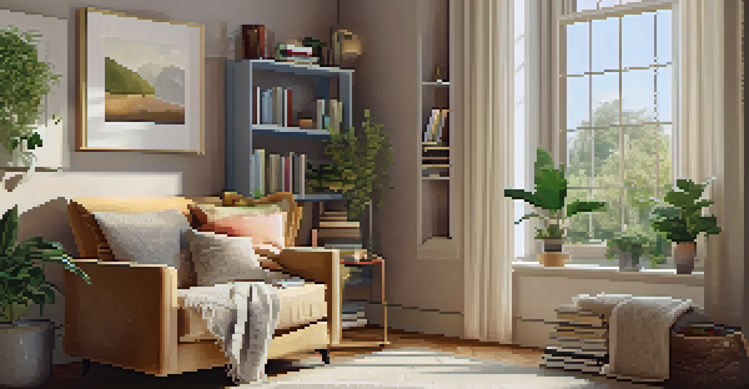 A cozy living room nook with an armchair, blanket, and a bookshelf filled with books.