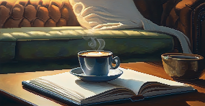 A close-up of a coffee table with a steaming cup of coffee, an open journal, and a pen in a cozy setting.