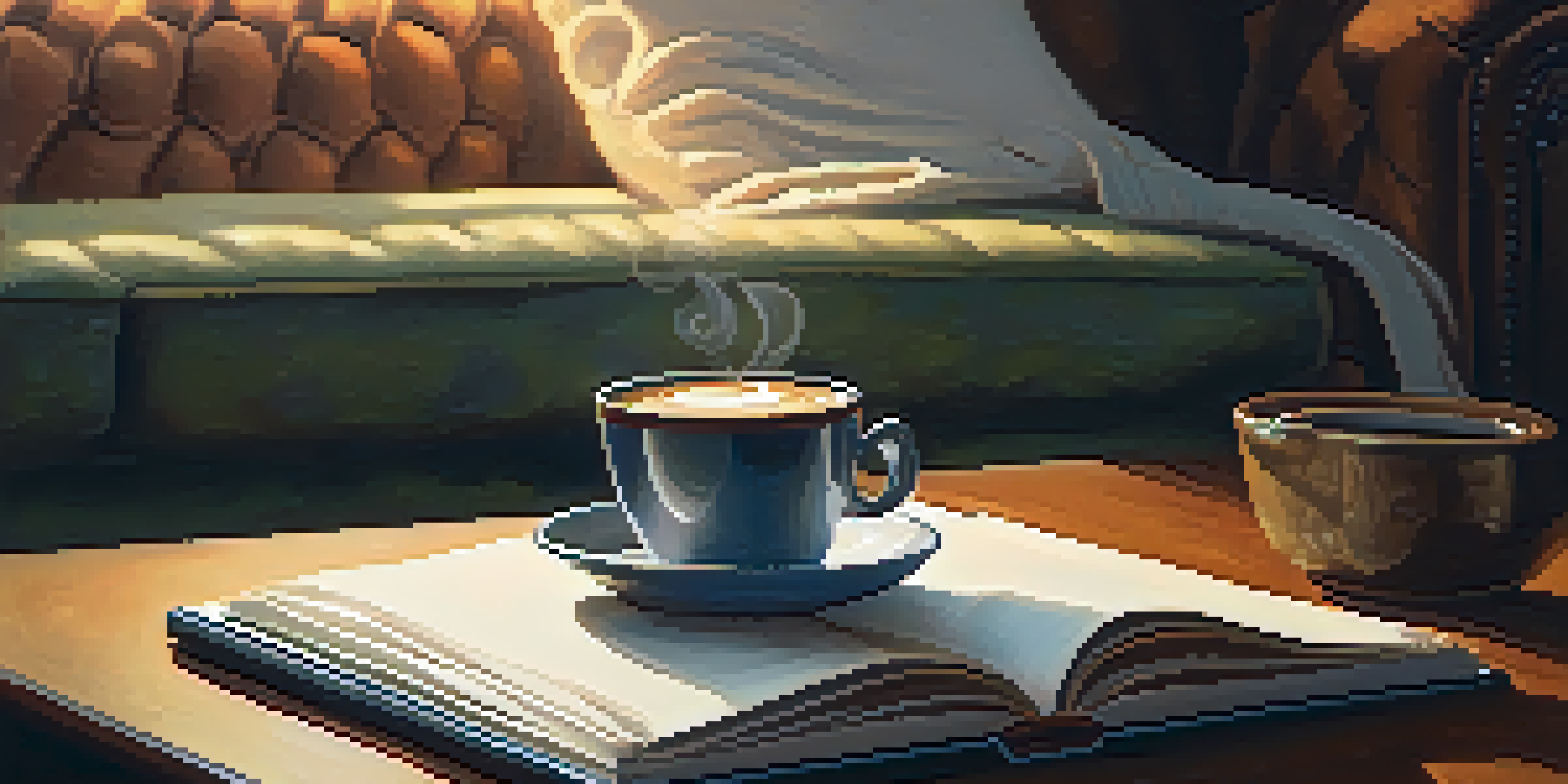 A close-up of a coffee table with a steaming cup of coffee, an open journal, and a pen in a cozy setting.