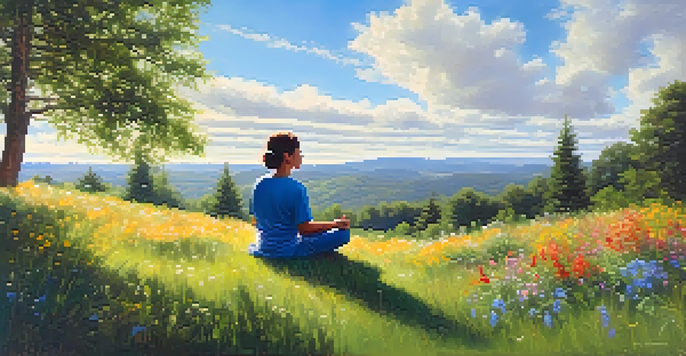 A person sitting cross-legged on a grassy hill surrounded by wildflowers, practicing mindfulness under a bright blue sky.