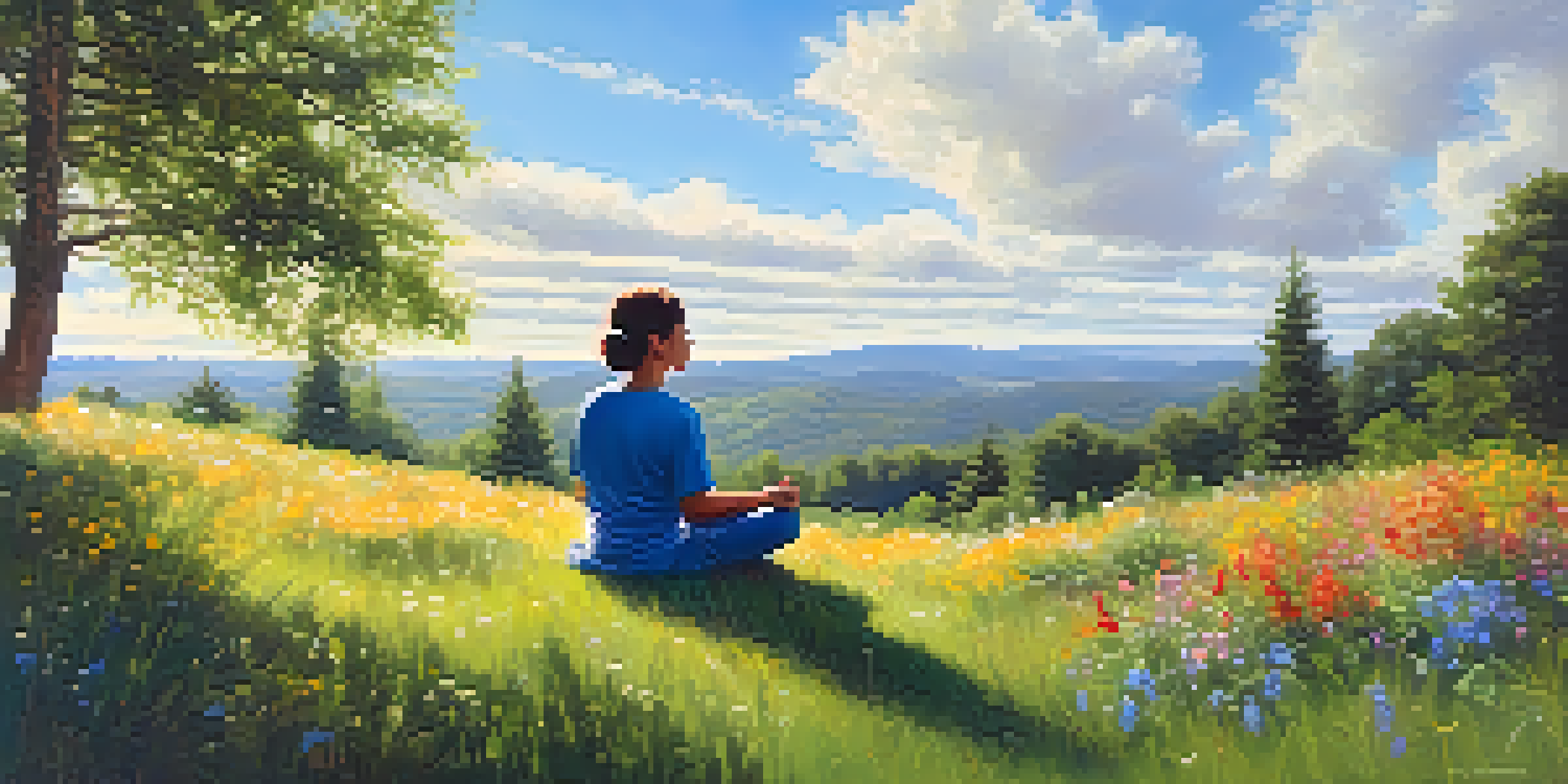A person sitting cross-legged on a grassy hill surrounded by wildflowers, practicing mindfulness under a bright blue sky.