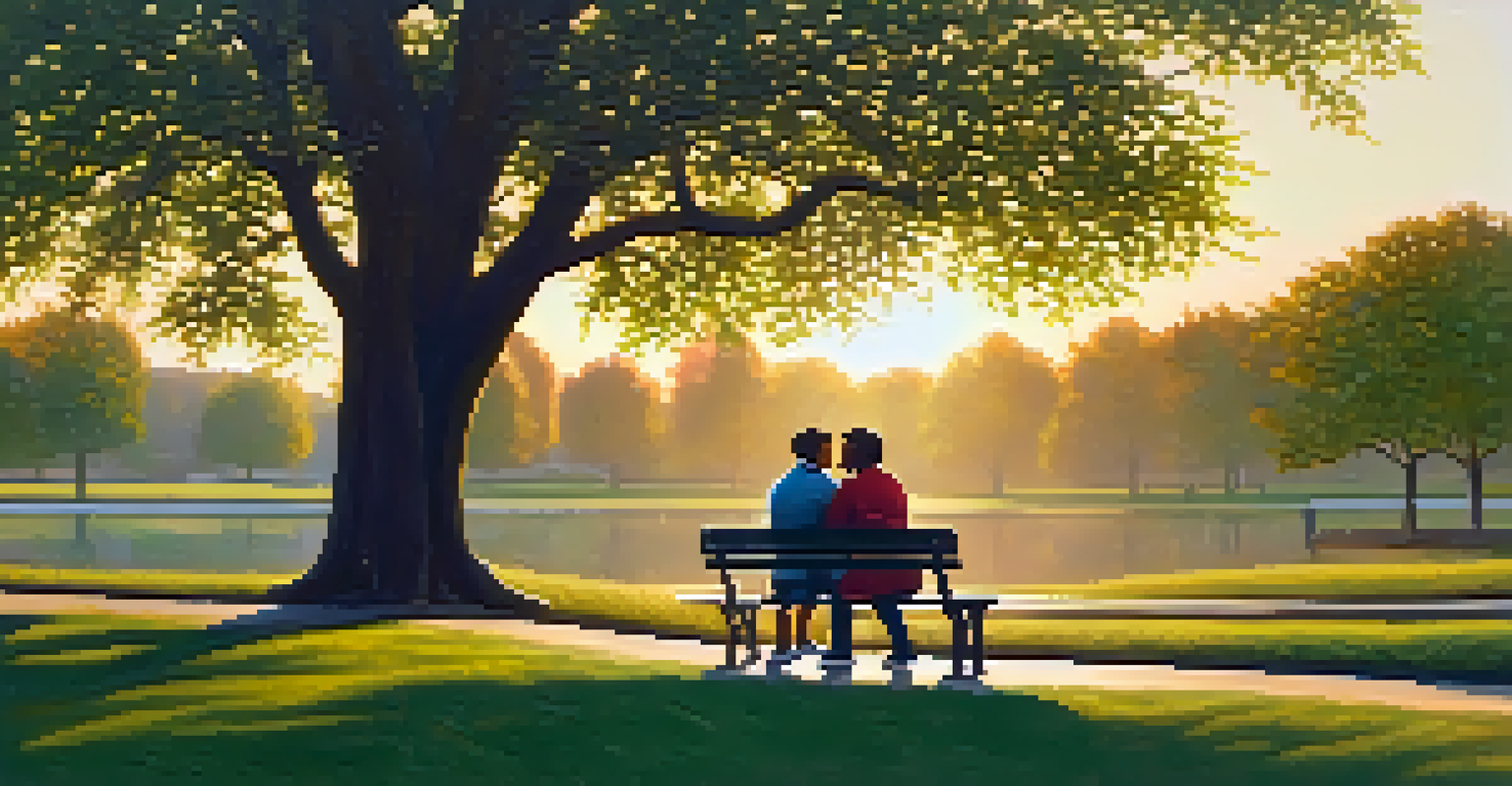 A mentor and mentee engaged in a heartfelt conversation on a park bench during sunset, surrounded by greenery.