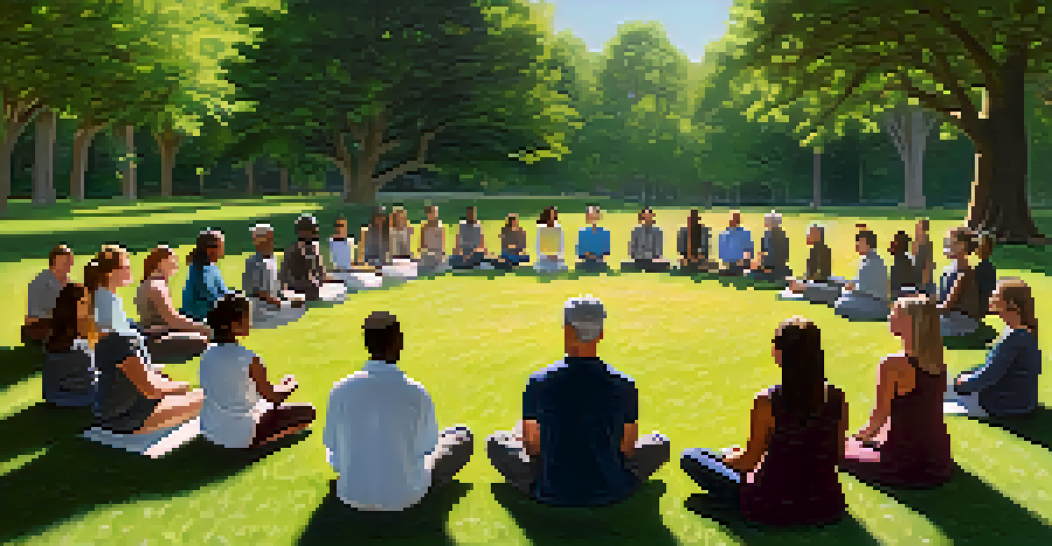 A group of people in a mindfulness workshop practicing breathing exercises outdoors under the sun.