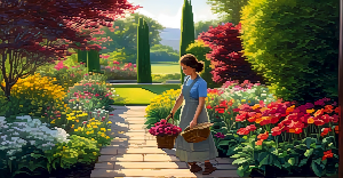 A gardener in a lush garden, removing weeds and nurturing colorful flowers under dappled sunlight.