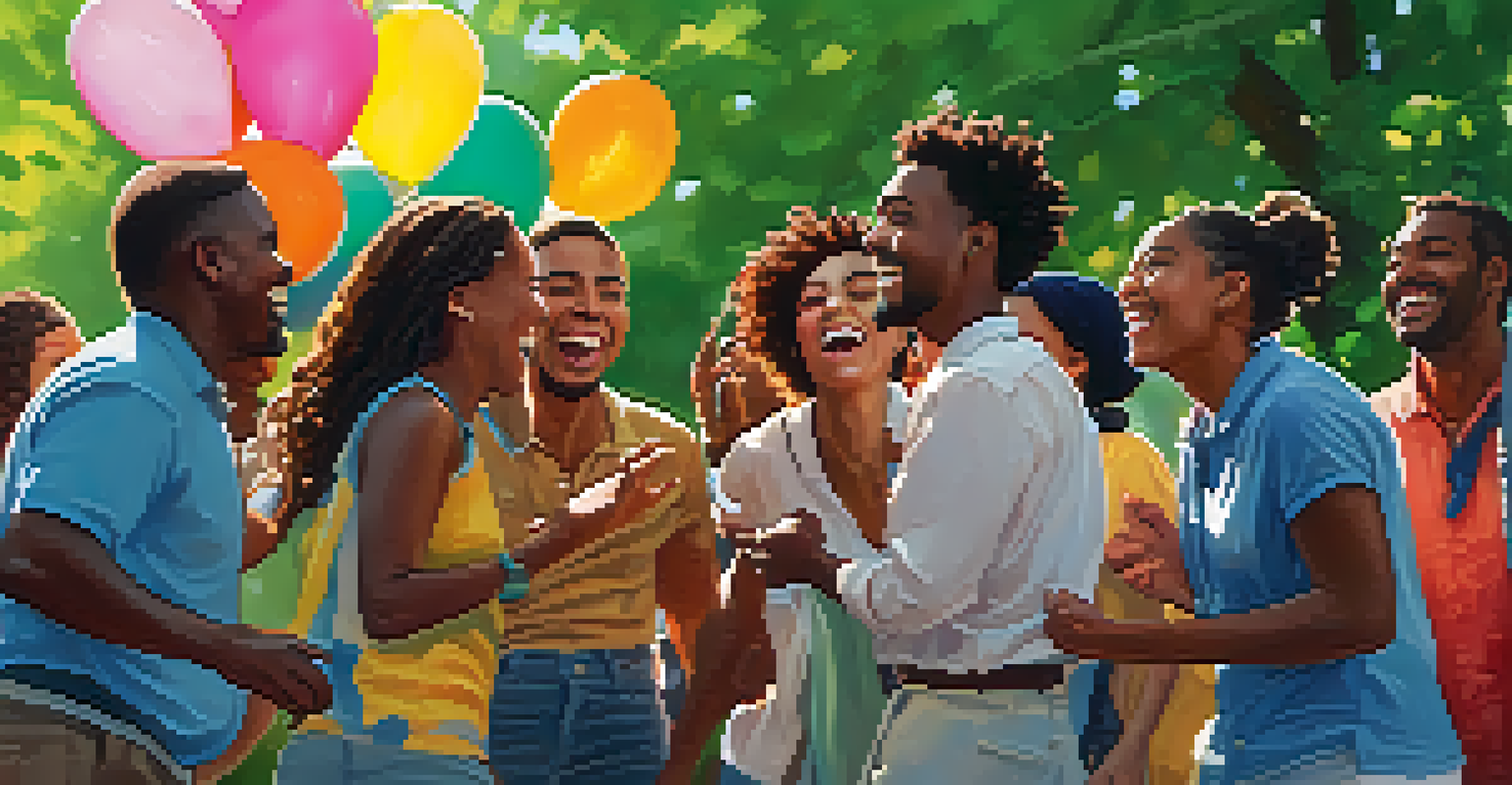 A diverse group of people celebrating joyfully in a park with balloons and trees around them.